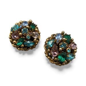 Vintage Barclay Rhinestone Clip On Earrings Prong Set Blue Green Purple Braided